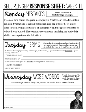 Bell Ringer Response Sheet