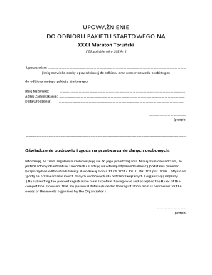 Authorization to Receive Starter Package for Toruński Marathon