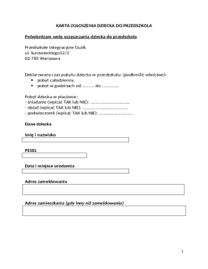 Child Enrollment Form for Preschool
