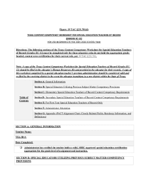 Texas Content Competency Worksheet for Special Education Teachers