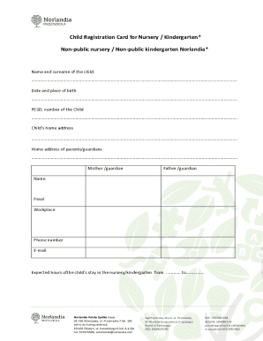 Child Registration Card for Nursery / Kindergarten
