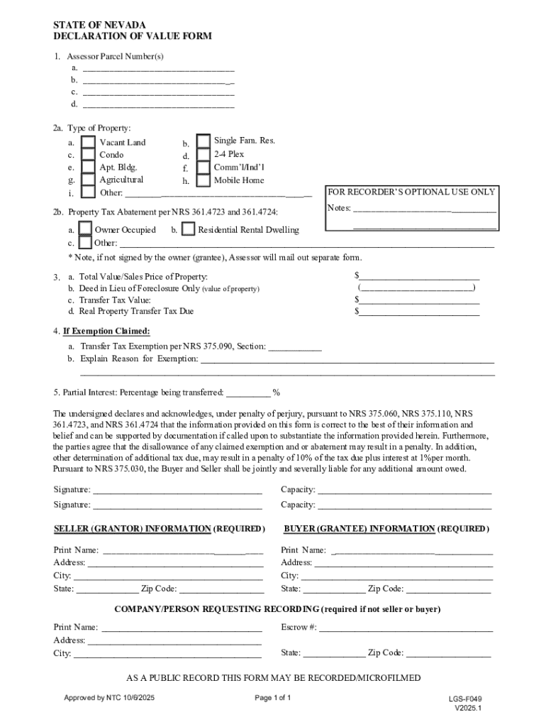 Nevada Declaration of Value Form - Blank Fillable Template | Fill Out ...
