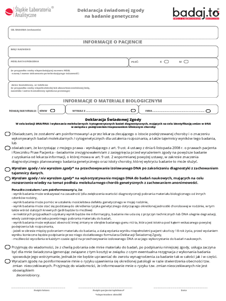 Genetic Testing Consent Form - Blank Fillable Template | Fill Out ...
