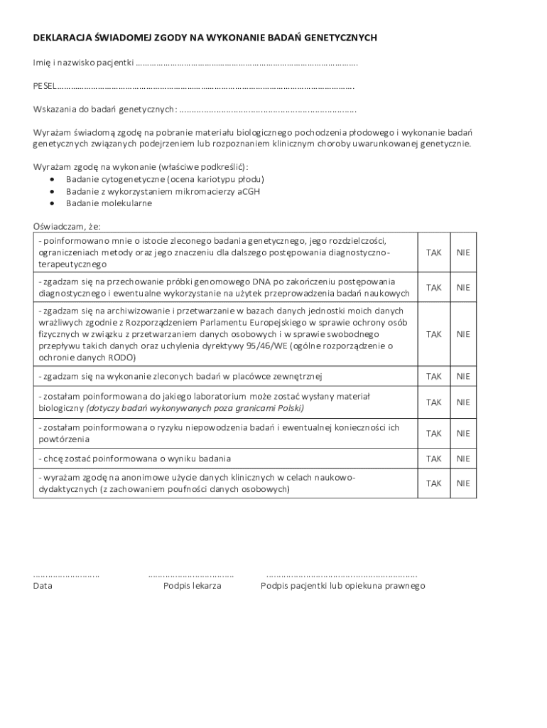 Umr Genetic Testing Form.pdf Consent Form for Genetic Testing and Prenatal Diagnosis - Blank ...