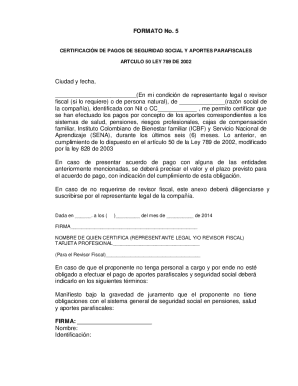 Colombia Social Security Payment Certification Form 5
