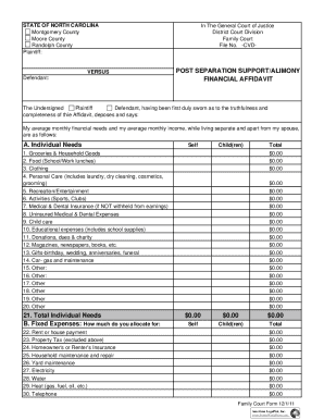 North Carolina Post Separation Support Financial Affidavit
