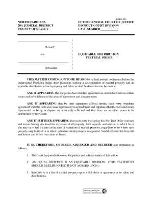 North Carolina Equitable Distribution Pretrial Order