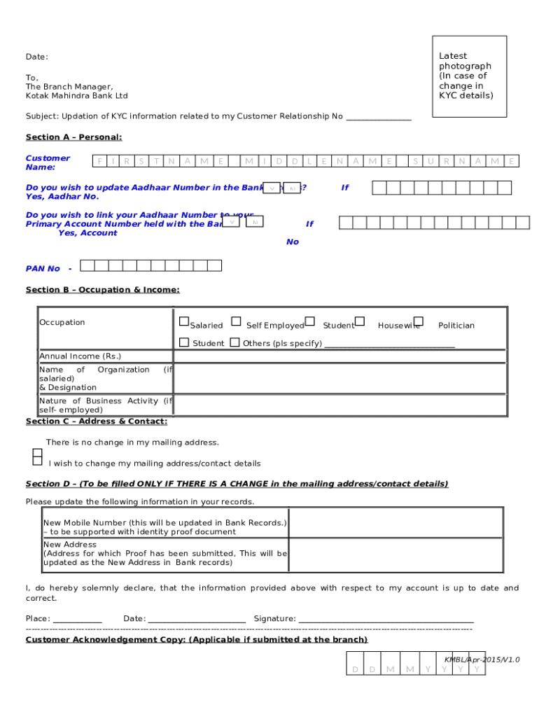 Kotak Mahindra Bank KYC Update Form - Blank Fillable Template | Fill ...