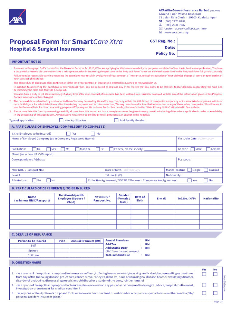 AXA Affin General Insurance Proposal Form - Blank Fillable Template ...
