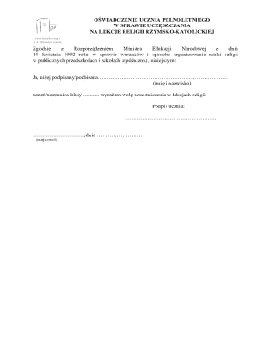 Declaration of a Full-Age Student on Attending Catholic Religion Classes