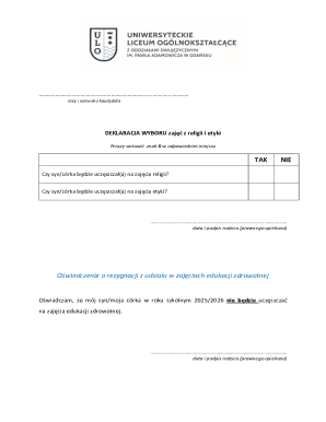 Religion and Ethics Class Declaration Form