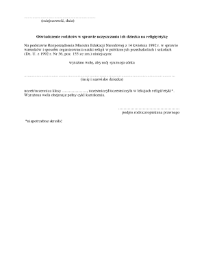 Parental Declaration for Child's Religion or Ethics Attendance