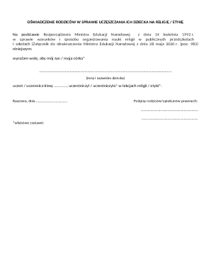 Parental Declaration for Child's Religious or Ethics Education