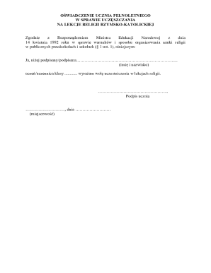 Student Declaration for Catholic Religion Classes