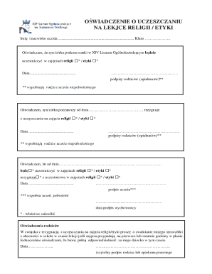 Oświadczenie o Uczęszczaniu na Lekcje Religii/Etyki