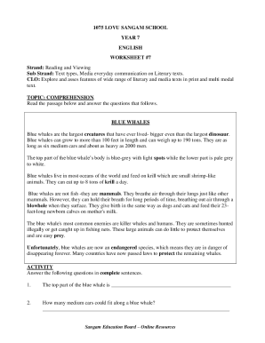 Year 7 Worksheet on Blue Whales