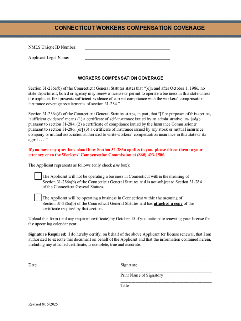 Connecticut Workers Compensation Coverage Form - Blank Fillable ...