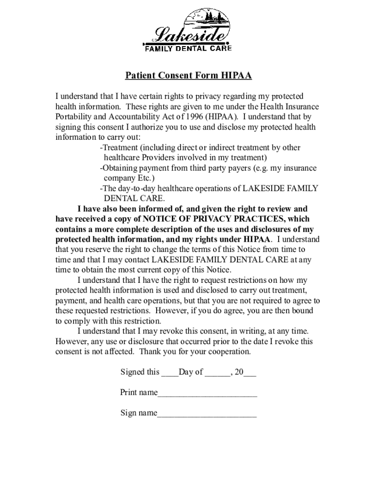 Patient Consent Form HIPAA - Blank Fillable Template | Fill Out, Print ...