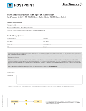 Swiss COR1 Direct Debit Payment Authorization