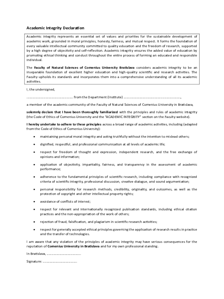 Academic Integrity Declaration - Blank Fillable Template | Fill Out ...