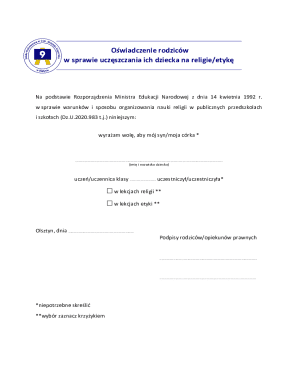 Parental Declaration for Religion or Ethics Classes