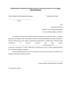 Religious/Ethics Class Consent Form