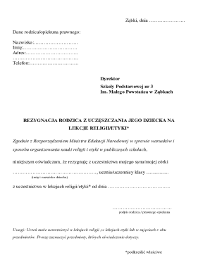 Parental Resignation from Religious or Ethics Classes