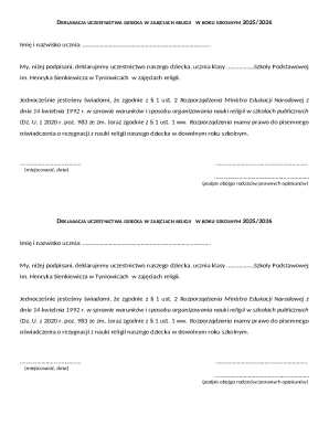 Polish Religion Class Participation Declaration