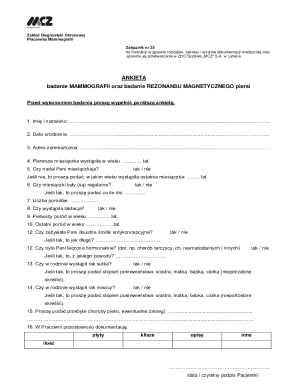 Mammography and MRI Breast Examination Questionnaire