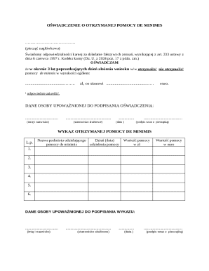 Oświadczenie o Otrzymanej Pomocy De Minimis