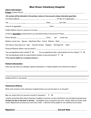 Blue Grass Veterinary Hospital Client Information Form