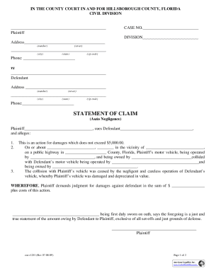Florida Auto Negligence Claim Form