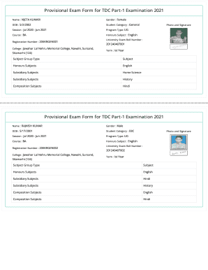 Provisional Exam Form for TDC Part-1 Examination 2021