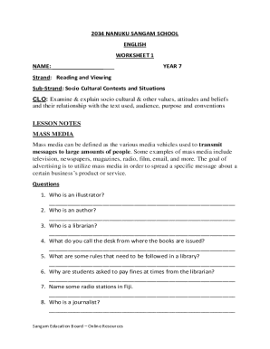Year 7 Mass Media Worksheet