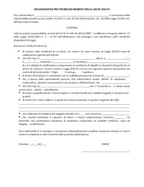DICHIARAZIONE PER FRUIRE DEI BENEFICI DELLA LEGGE 104/92