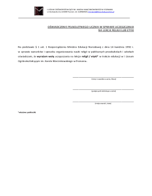 Polish Student Declaration for Religion or Ethics Classes