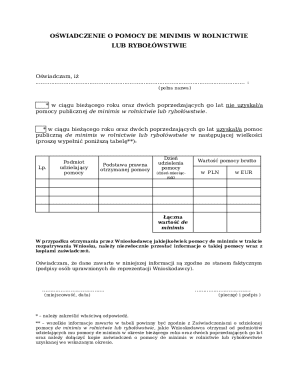 Oświadczenie o Pomocy De Minimis w Rolnictwie lub Rybołówstwie