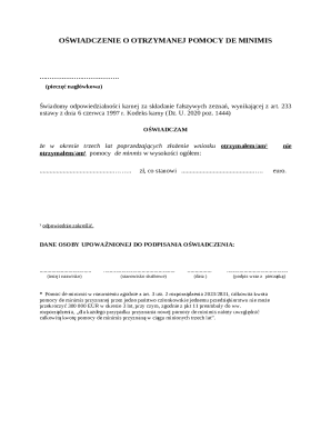 Oświadczenie o Otrzymanej Pomocy De Minimis