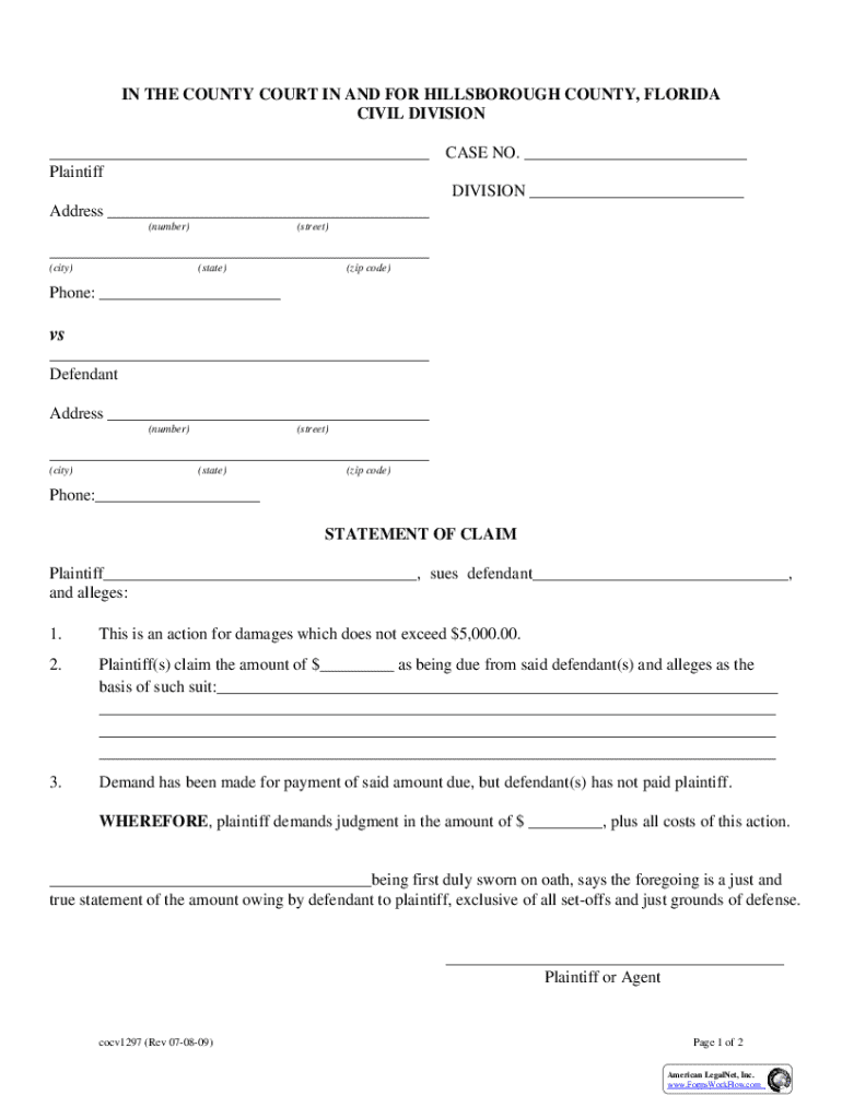 Florida Small Claims Statement of Claim - Blank Fillable Template ...