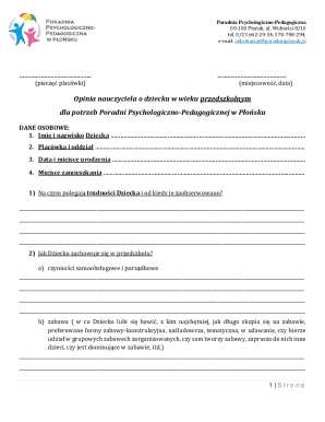 Teacher Opinion Form for Preschool Child