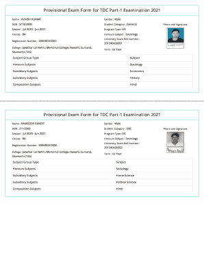 Provisional Exam Form for TDC Part-1 Examination 2021