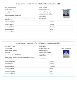 Provisional Exam Form for TDC Part-1 Examination 2021