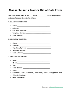 Massachusetts Tractor Bill of Sale Form
