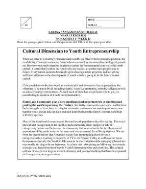 Youth Entrepreneurship Worksheet