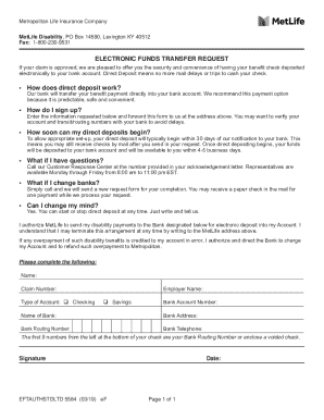 MetLife Disability Direct Deposit Request