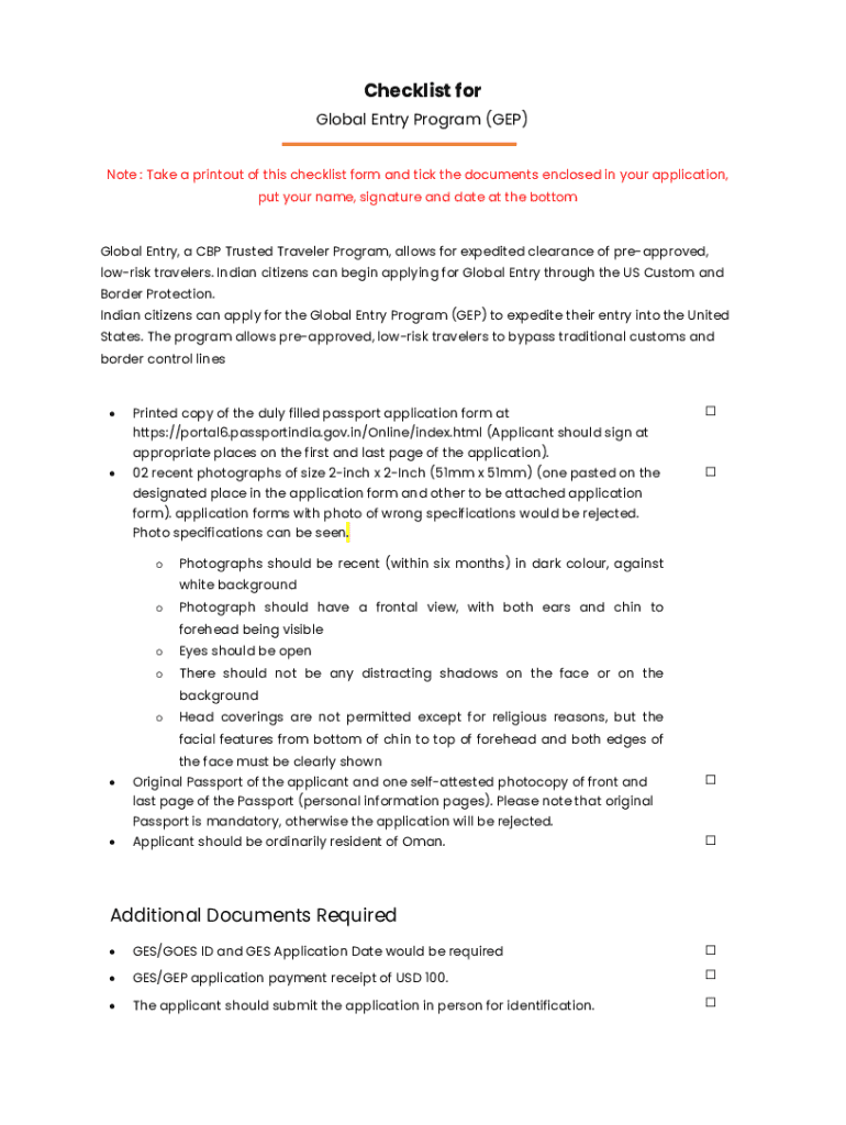Global Entry Program Application Checklist - Blank Fillable Template ...
