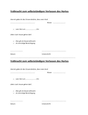 Vollmacht zum selbstständigen Verlassen des Hortes