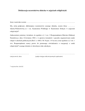 Religious or Ethics Class Participation Declaration