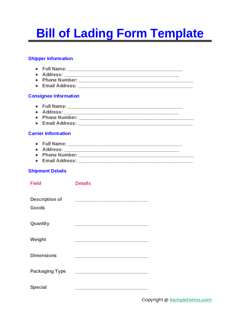 Bill of Lading Form Template - Blank Fillable Template | Fill Out ...