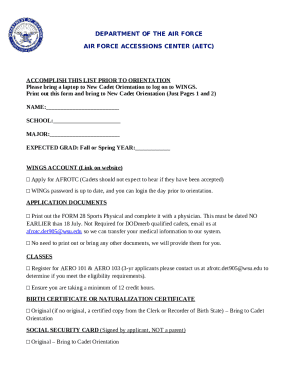 US Air Force New Cadet Orientation Checklist